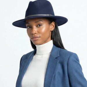 Navy Belt Buckle Trim Wide Brim Felt Hat